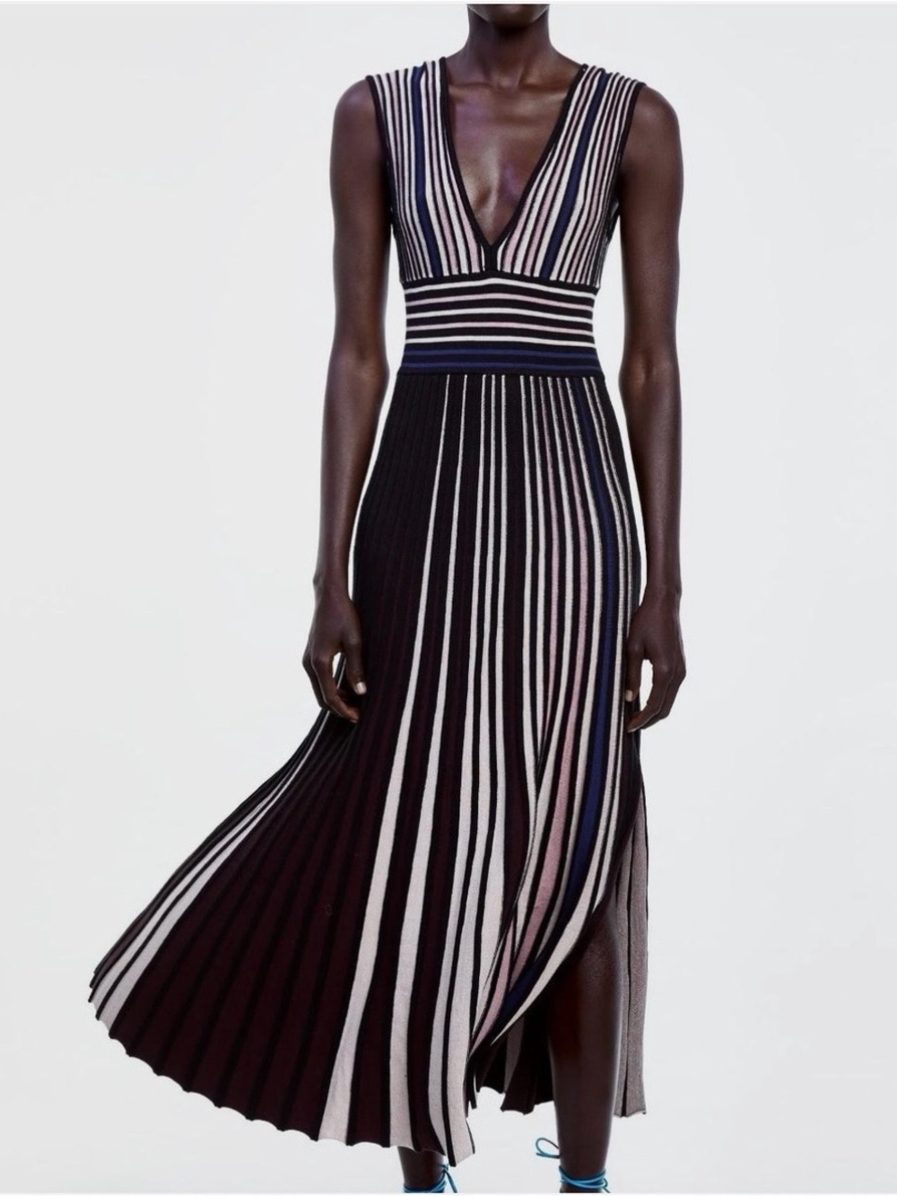 Zara Striped V-Neck Pleated Midi Dress